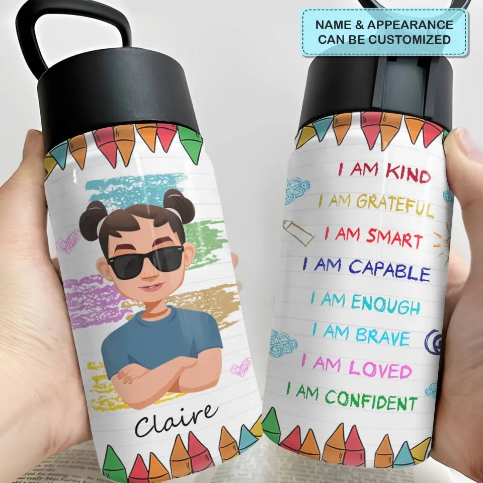 Personalized Custom Kids Insulated Bottle - Birthday, Back To School, Kindergarten, First, Second, Third, Fourth, Fifth Grade, Pre-K Gift For Kid - I Am Kind Grateful