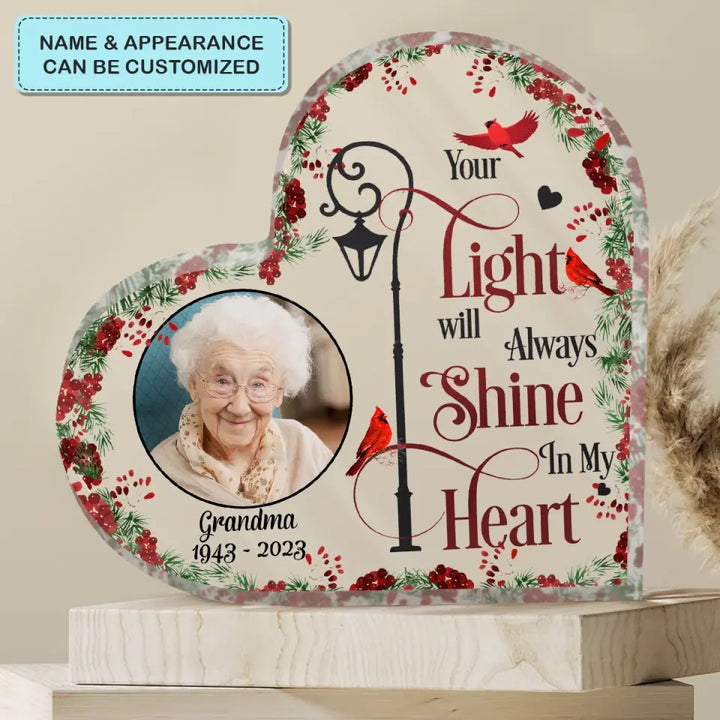 Personalized Custom Heart-shaped Acrylic Plaque - Memorial Gift For Family - Your Light Will Always Shine