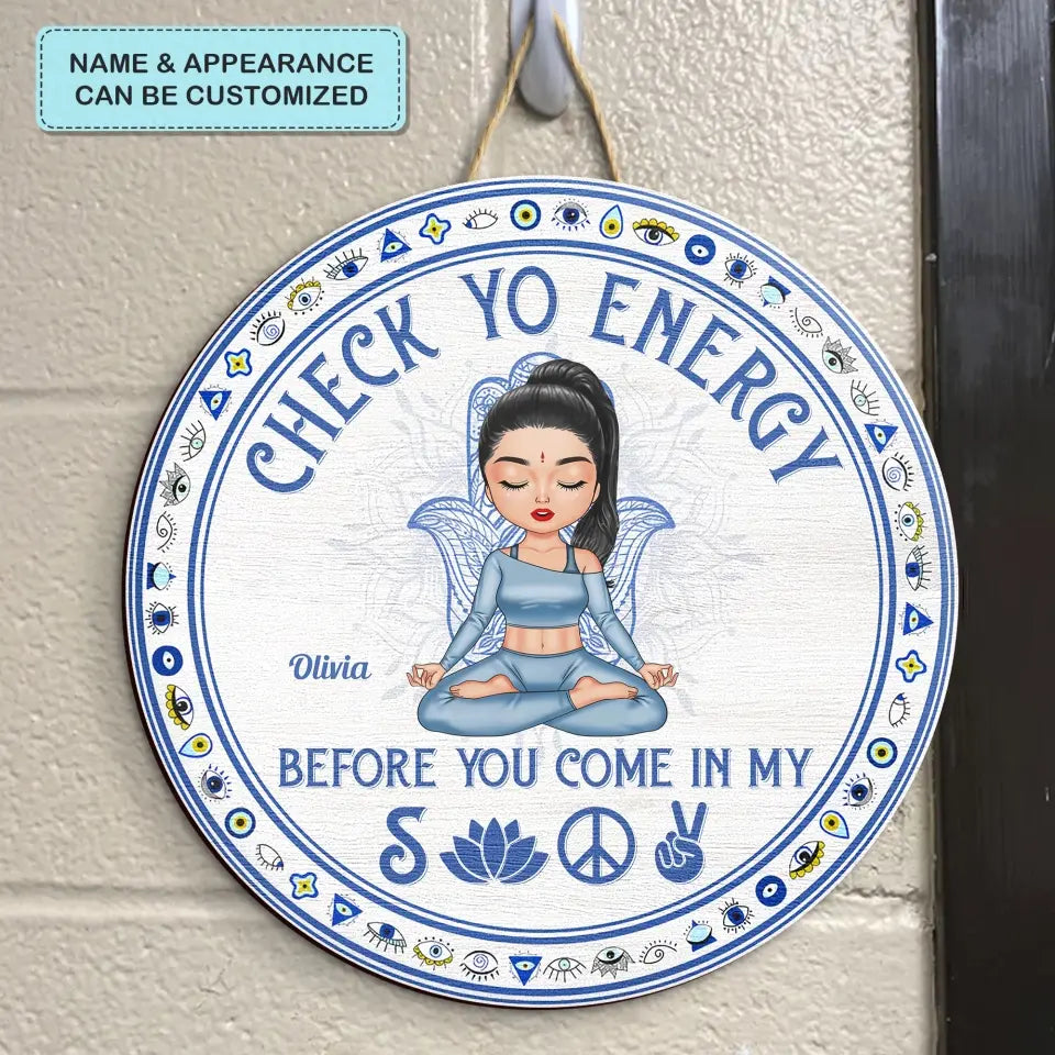 Check Yo Energy - Personalized Custom Door Sign - Gift For Yoga Lover