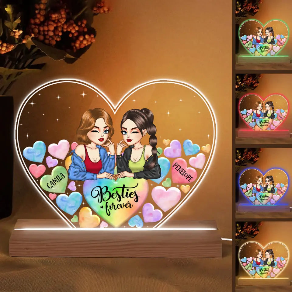 Personalized Custom 3D LED Light Wooden Base - Birthday Gift For Friends - Besties Forever Colorful Hearts