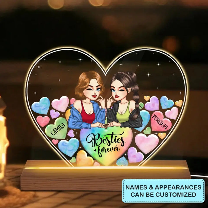 Personalized Custom 3D LED Light Wooden Base - Birthday Gift For Friends - Besties Forever Colorful Hearts