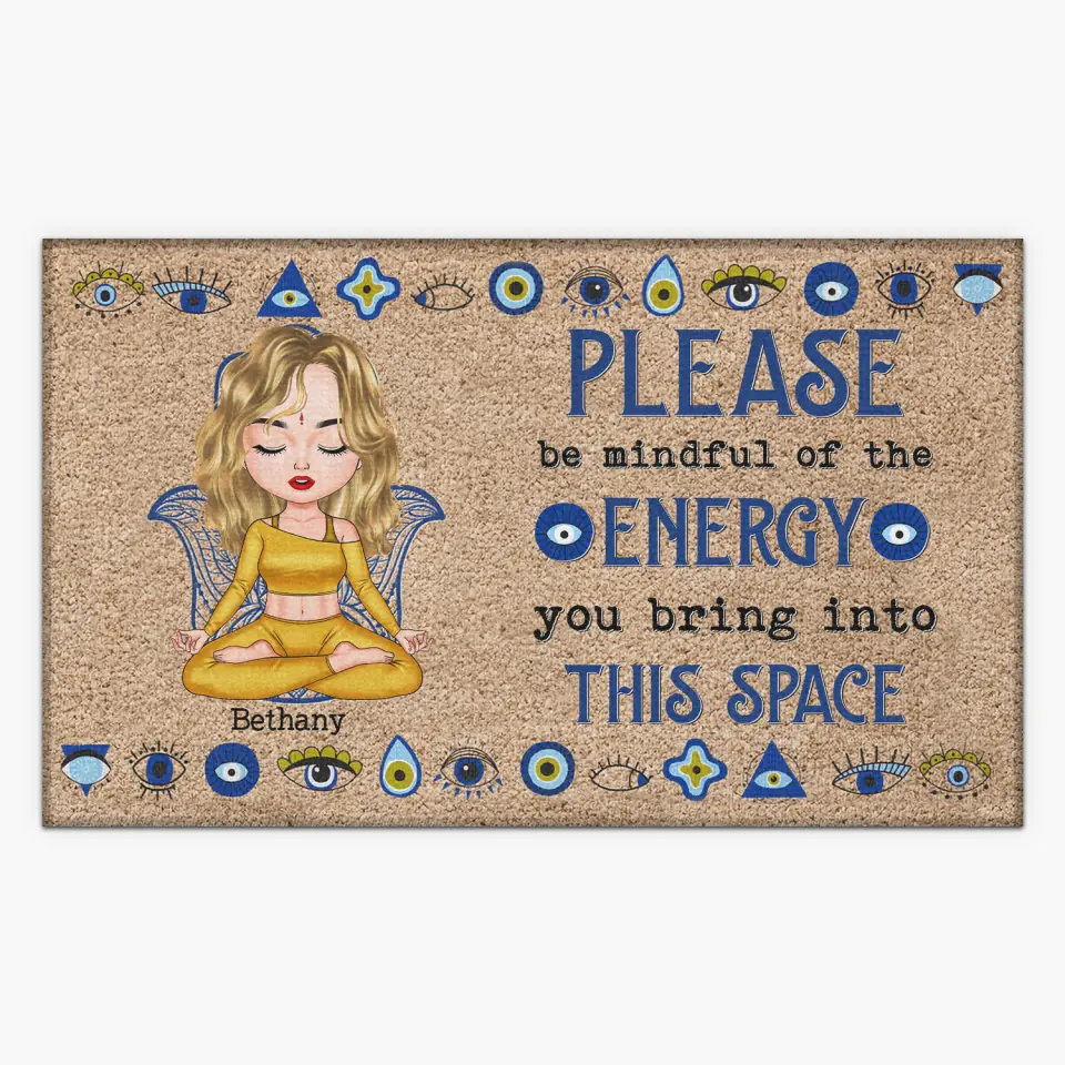 Personalized Custom Doormat - Birthday Gift For Yoga Lover - Please Be Mindful Of The Energy
