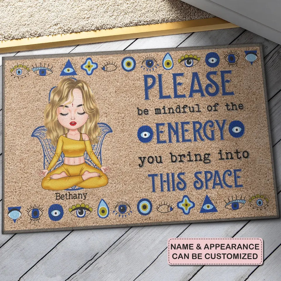 Personalized Custom Doormat - Birthday Gift For Yoga Lover - Please Be Mindful Of The Energy