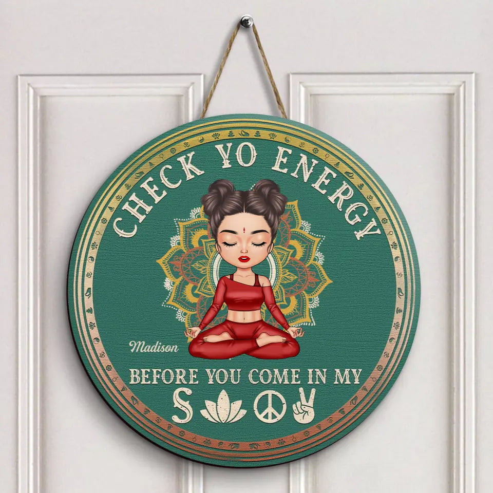 Personalized Custom Door Sign - Birthday Gift For Yoga Lover - Check Yo Energy