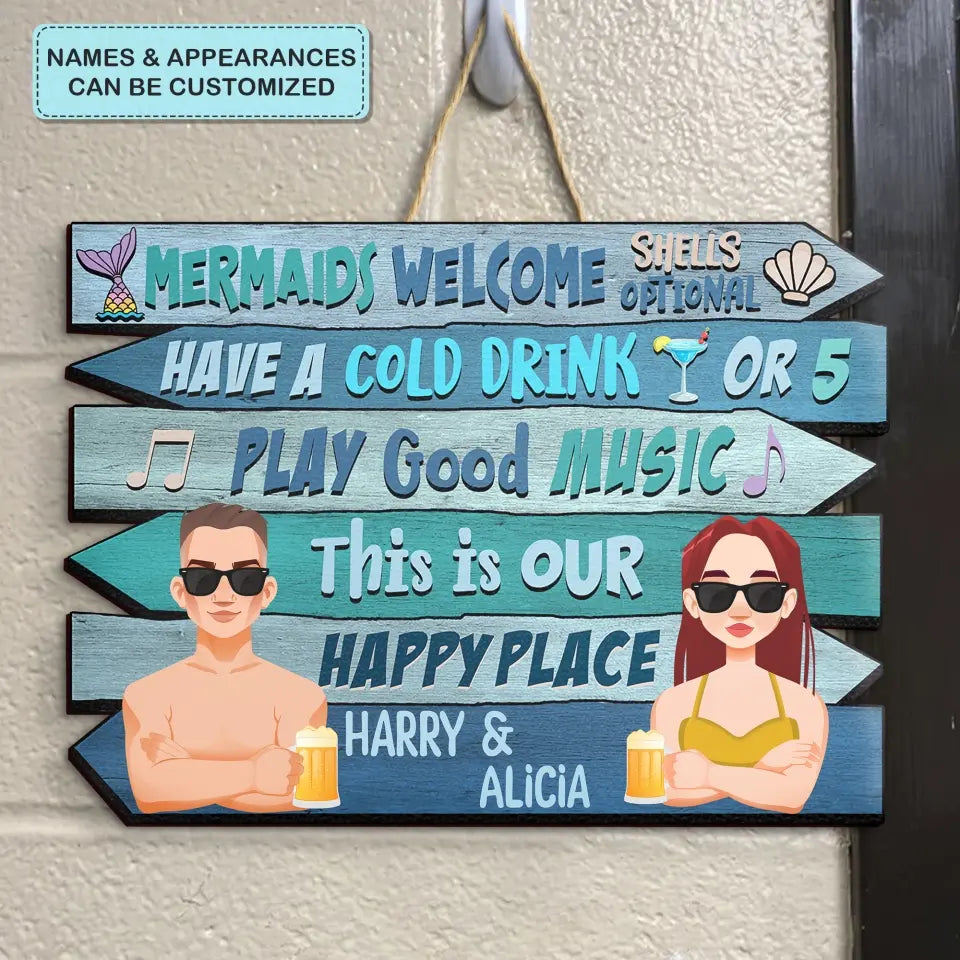 Personalized Custom Door Sign - Anniversary Gift For Couple - Mermaid Welcome Shells Optional Have A Cold Drink Or 5 Summer Vacation