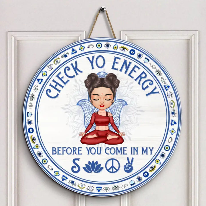 Check Yo Energy - Personalized Custom Door Sign - Gift For Yoga Lover