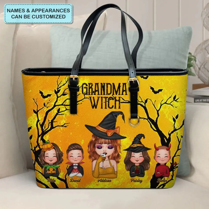 Personalized Custom Leather Bucket Bag - Halloween, Mother's Day Gift For Grandma, Mom - Grandma Witch