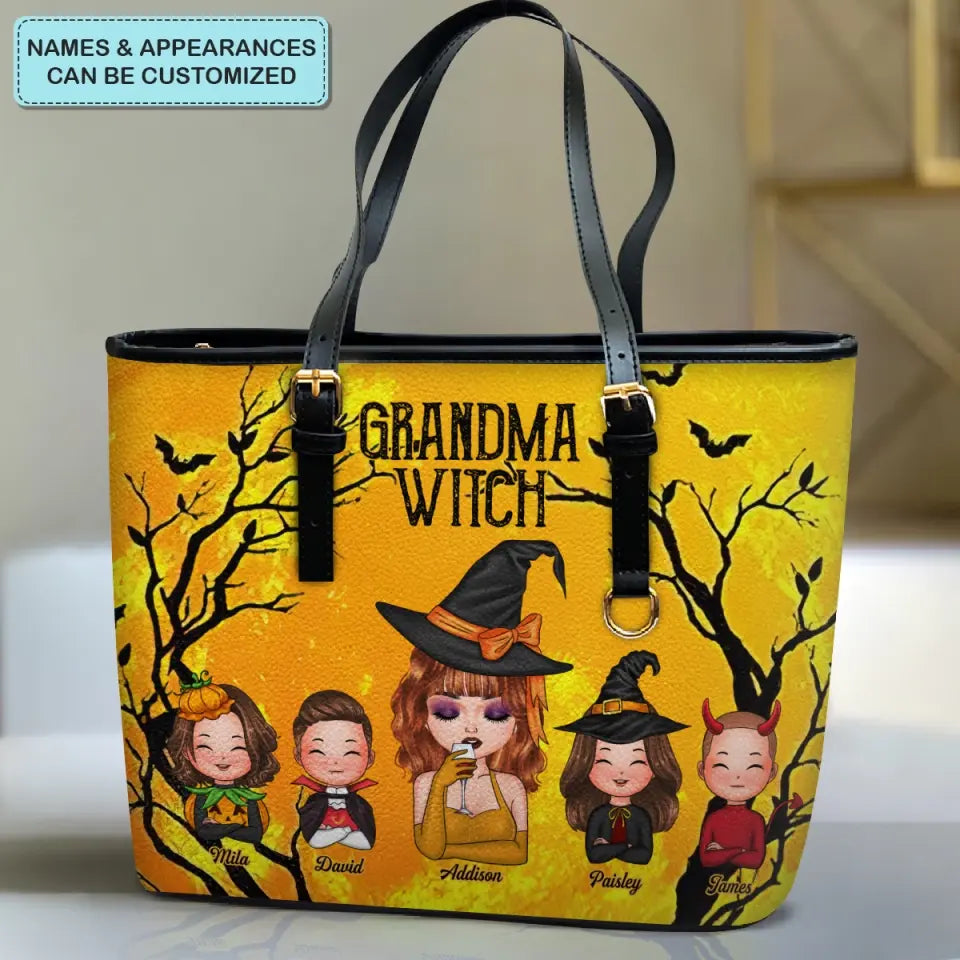 Personalized Custom Leather Bucket Bag - Halloween, Mother's Day Gift For Grandma, Mom - Grandma Witch