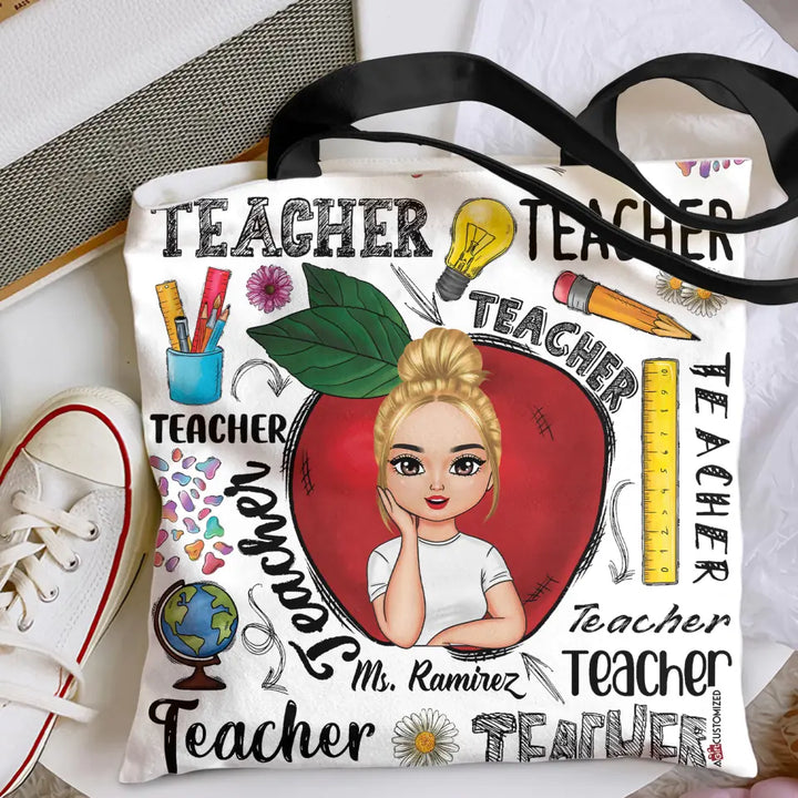 Personalized Custom Tote Bag - Teacher's Day, Appreciation Gift For Teacher - Red Apple Teacher