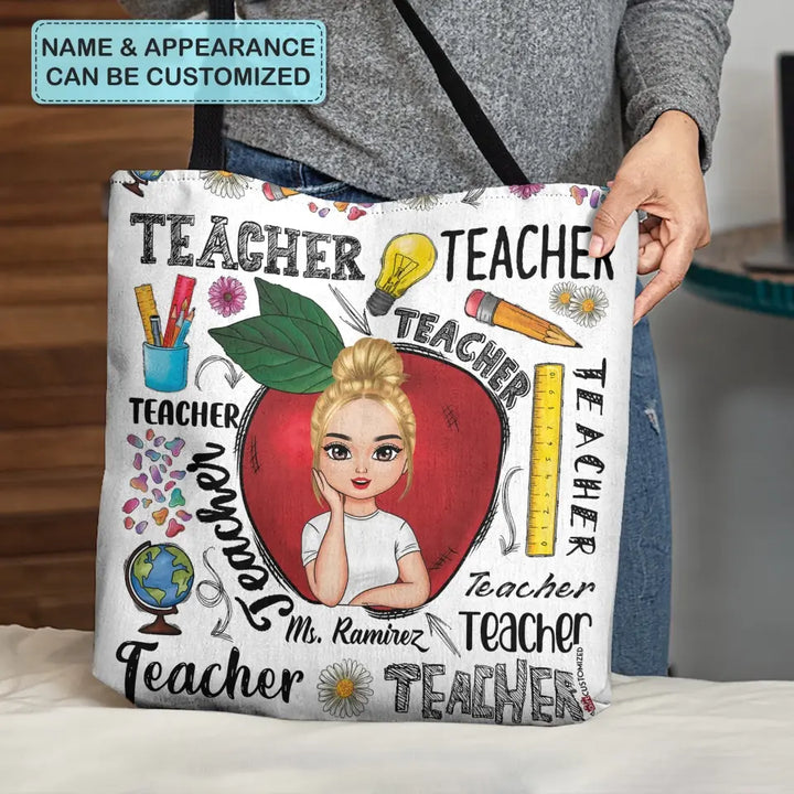 Personalized Custom Tote Bag - Teacher's Day, Appreciation Gift For Teacher - Red Apple Teacher