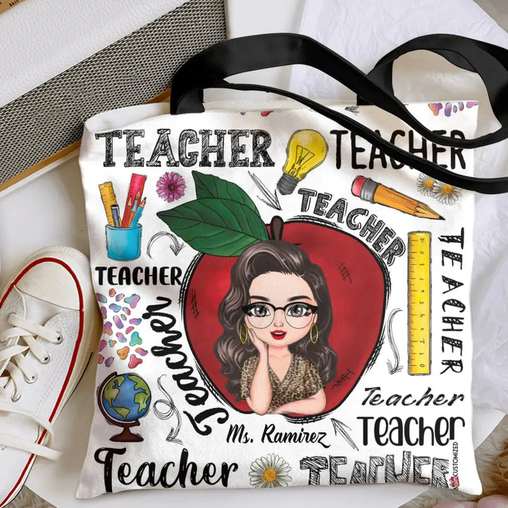 Personalized Custom Tote Bag - Teacher's Day, Appreciation Gift For Teacher - Red Apple Teacher