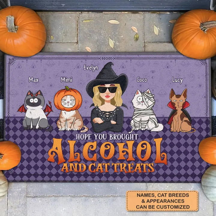 Personalized Custom Doormat - Halloween Gift For Cat Lover, Cat Mom, Cat Dad, Cat Owner - Hope You Brought Alcohol And Cat Treats