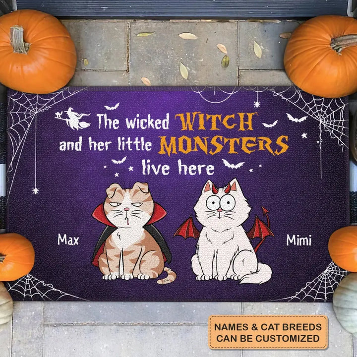Personalized Custom Doormat - Halloween Gift For Cat Lover, Cat Mom, Cat Dad, Cat Owner - The Wicked Witch And Her Little Monsters Live Here