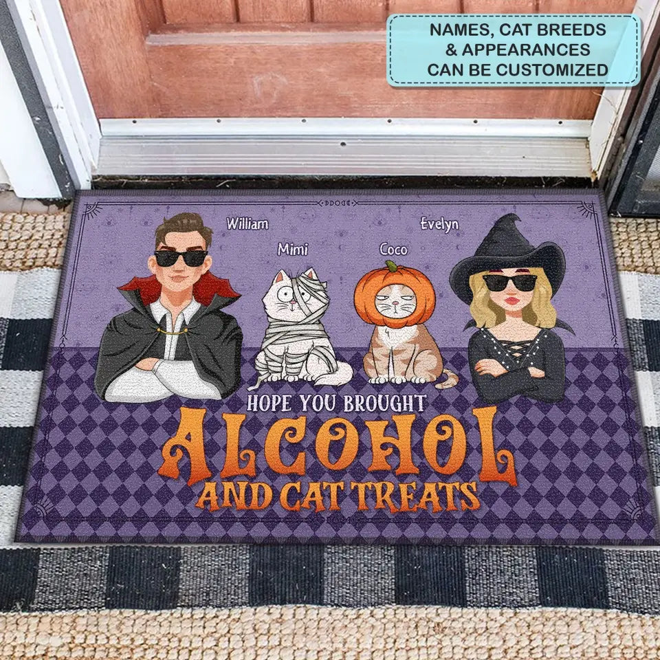 Personalized Custom Doormat - Halloween Gift For Cat Lover, Cat Mom, Cat Dad, Cat Owner - Hope You Brought Alcohol And Cat Treats