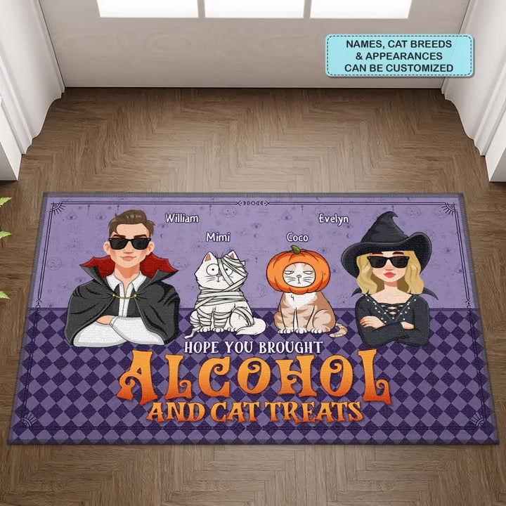 Personalized Custom Doormat - Halloween Gift For Cat Lover, Cat Mom, Cat Dad, Cat Owner - Hope You Brought Alcohol And Cat Treats