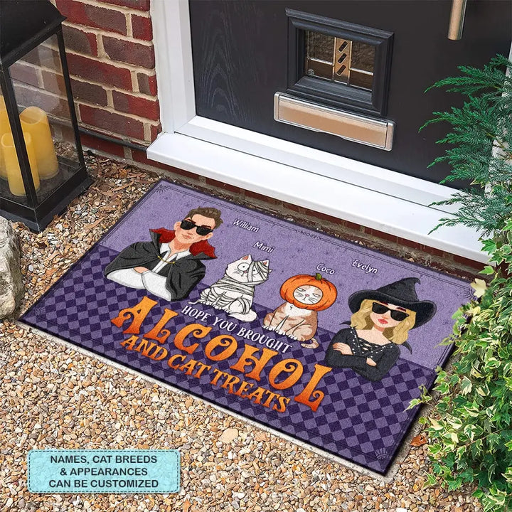 Personalized Custom Doormat - Halloween Gift For Cat Lover, Cat Mom, Cat Dad, Cat Owner - Hope You Brought Alcohol And Cat Treats