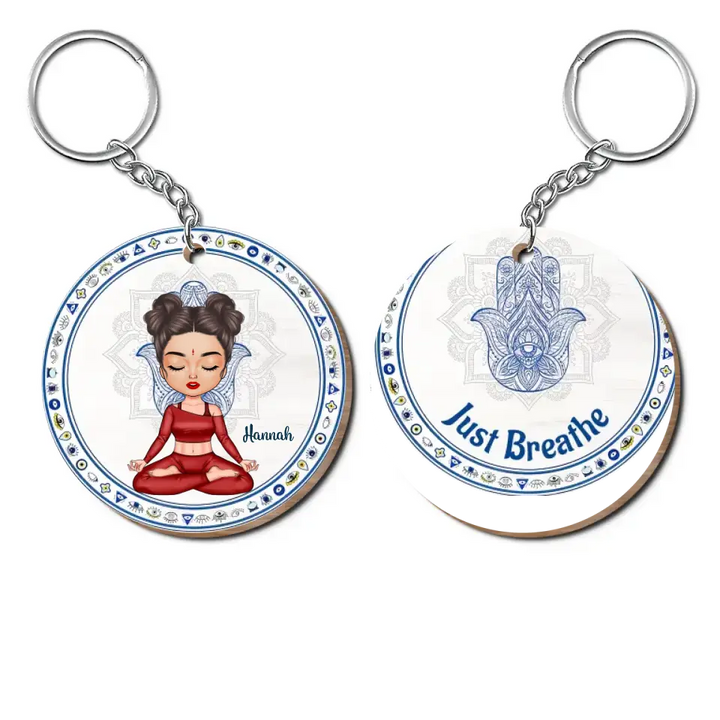 Personalized Custom Wooden Keychain - Birthday Gift For Yoga Lover - Just Breathe