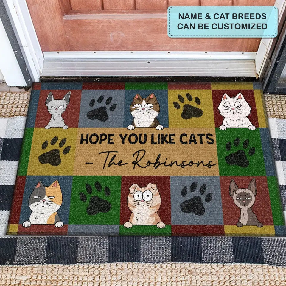 Personalized Custom Doormat - Christmas, Home Decor Gift For Cat Lover, Cat Mom, Cat Dad, Cat Parents - Hope You Like Cat Fall & Christmas Vibes