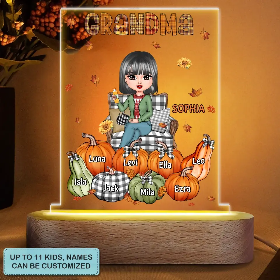 Personalized Custom Acrylic LED Night Light - Mother's Day, Birthday, Fall Gift For Grandma, Mom - Grandma Sitting On Chair Pumpkins
