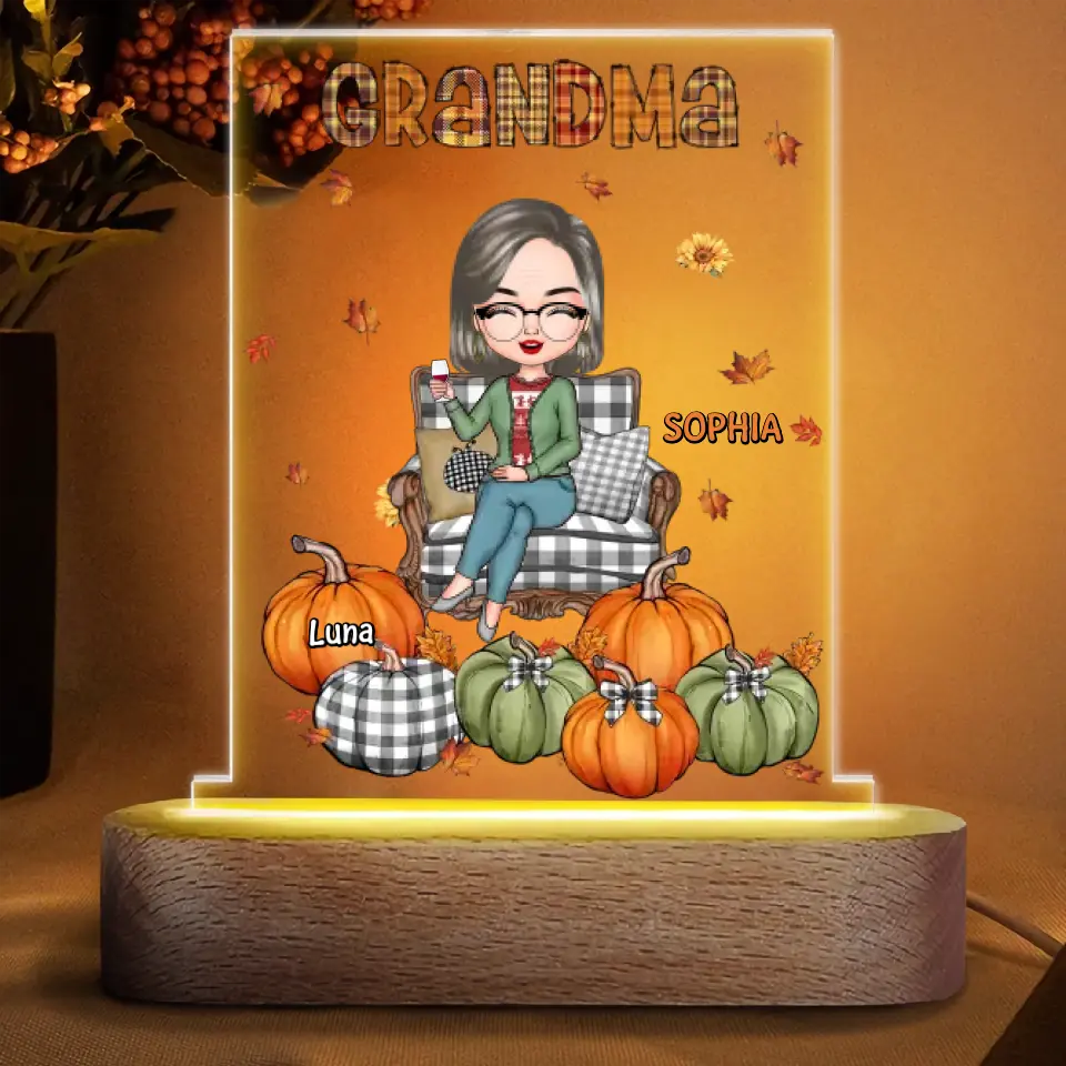 Personalized Custom Acrylic LED Night Light - Mother's Day, Birthday, Fall Gift For Grandma, Mom - Grandma Sitting On Chair Pumpkins