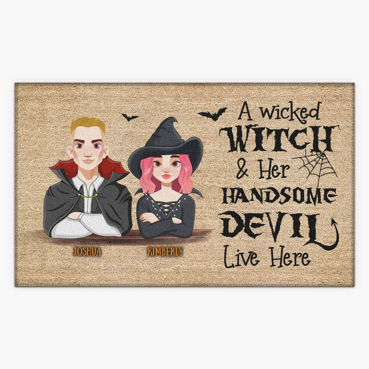 Personalized Custom Doormat - Halloween Gift For Couple - A Wicked Witch And Her Handsome Devil Live Here