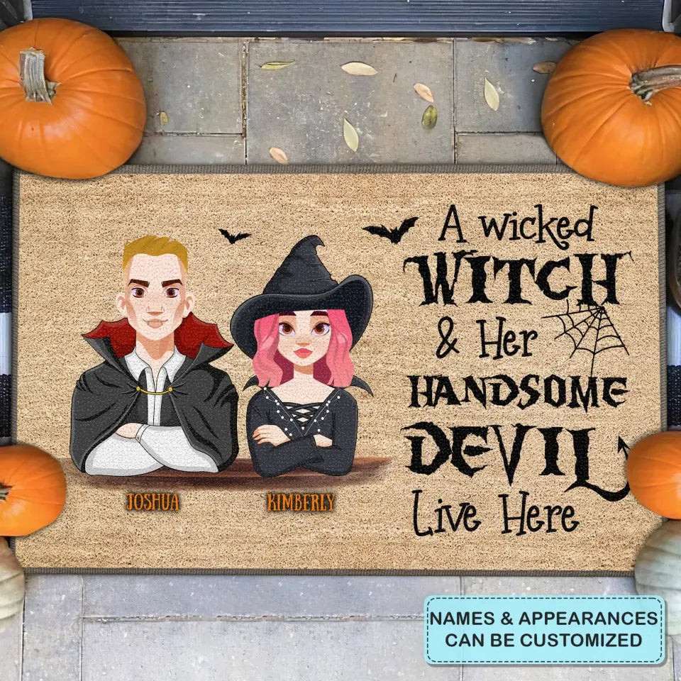 Personalized Custom Doormat - Halloween Gift For Couple - A Wicked Witch And Her Handsome Devil Live Here