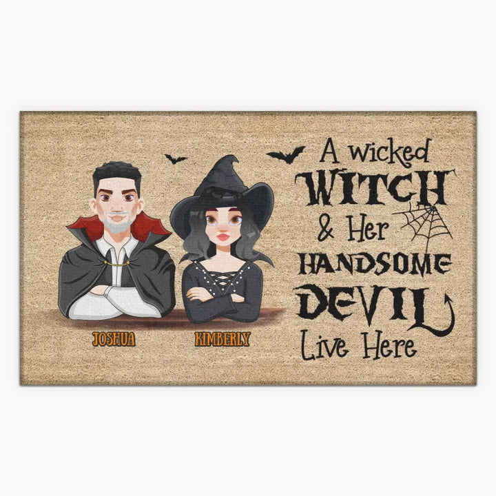 Personalized Custom Doormat - Halloween Gift For Couple - A Wicked Witch And Her Handsome Devil Live Here