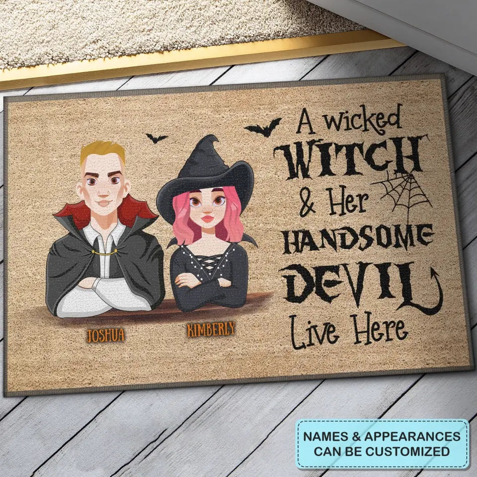 Personalized Custom Doormat - Halloween Gift For Couple - A Wicked Witch And Her Handsome Devil Live Here