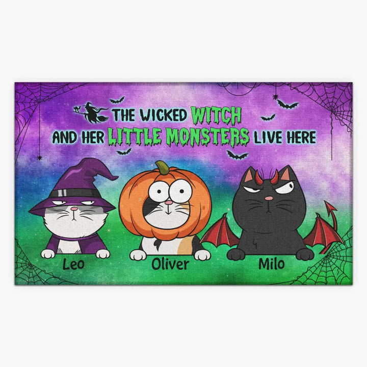 Personalized Custom Doormat - Halloween Gift For Cat Lover, Cat Mom, Cat Dad, Cat Owner - The Wicked Witch And Her Little Monsters Live Here