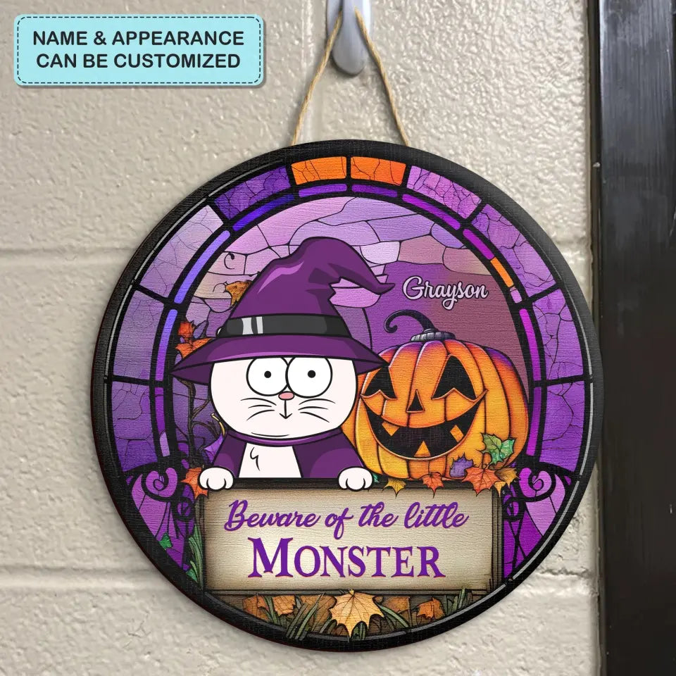 Beware Of The Little Monster - Personalized Custom Door Sign - Halloween Gift For Cat Lover, Cat Mom, Cat Dad