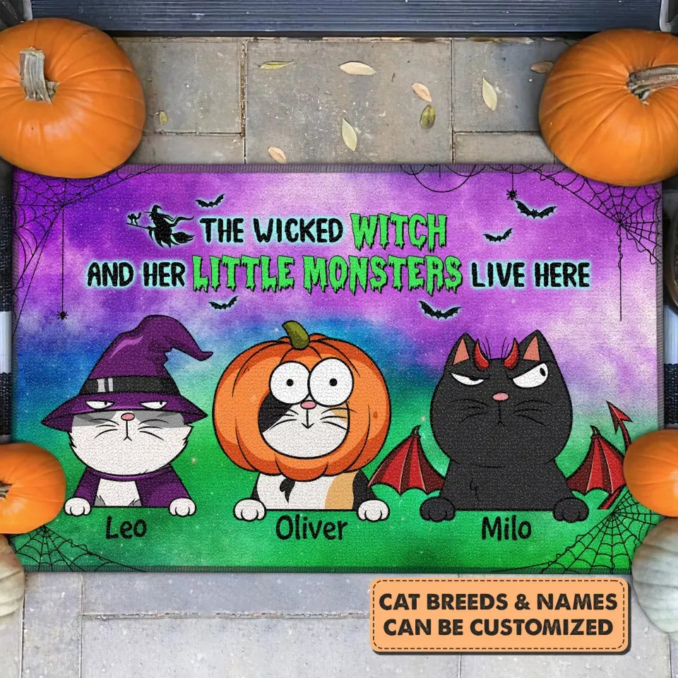Personalized Custom Doormat - Halloween Gift For Cat Lover, Cat Mom, Cat Dad, Cat Owner - The Wicked Witch And Her Little Monsters Live Here