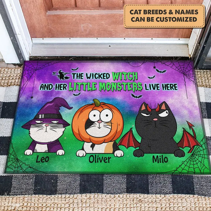 Personalized Custom Doormat - Halloween Gift For Cat Lover, Cat Mom, Cat Dad, Cat Owner - The Wicked Witch And Her Little Monsters Live Here