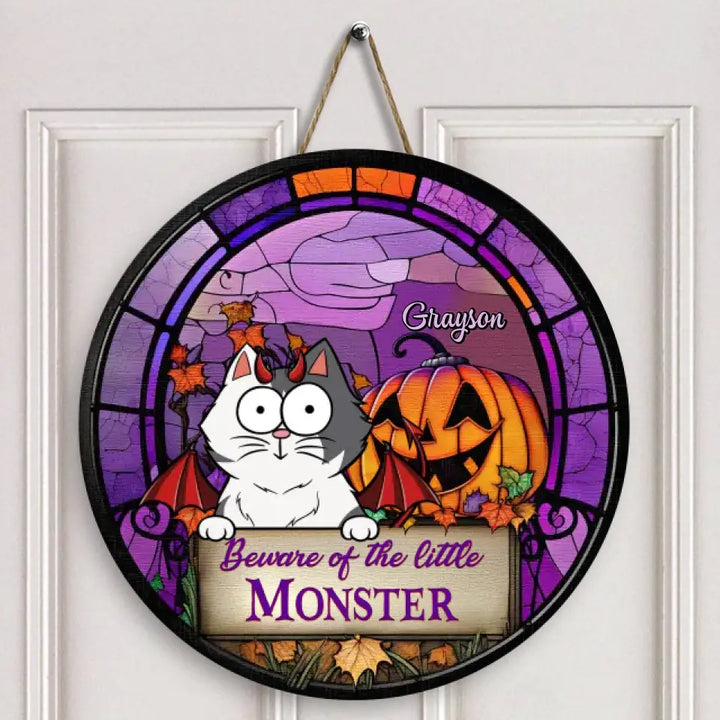 Beware Of The Little Monster - Personalized Custom Door Sign - Halloween Gift For Cat Lover, Cat Mom, Cat Dad