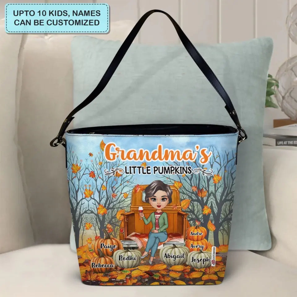 Personalized Custom Leather Tote Bag - Mother's Day, Fall Gift For Grandma, Mom - Grandma's Little Pumpkins