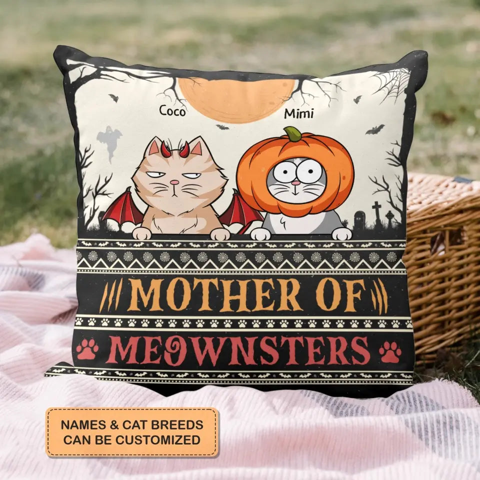 Personalized Custom Pillow Case - Halloween Gift For Cat Lover, Cat Mom - Mother Of Meownsters