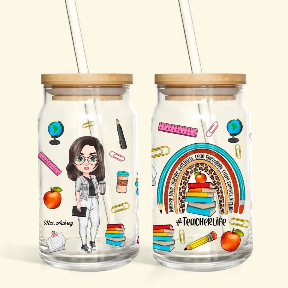 Personalized Custom Glass Can - Teacher's Day, Birthday Gift For Teacher - Teacher Life Leopard Rainbow