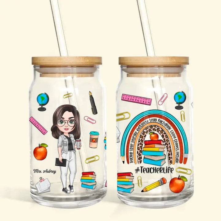 Personalized Custom Glass Can - Teacher's Day, Birthday Gift For Teacher - Teacher Life Leopard Rainbow