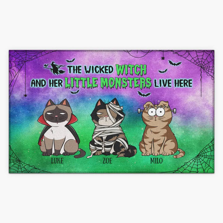 Personalized Custom Doormat - Halloween Gift For Cat Lover, Cat Dad, Cat Mom - The Wicked Witch And Her Little Monsters Live Here