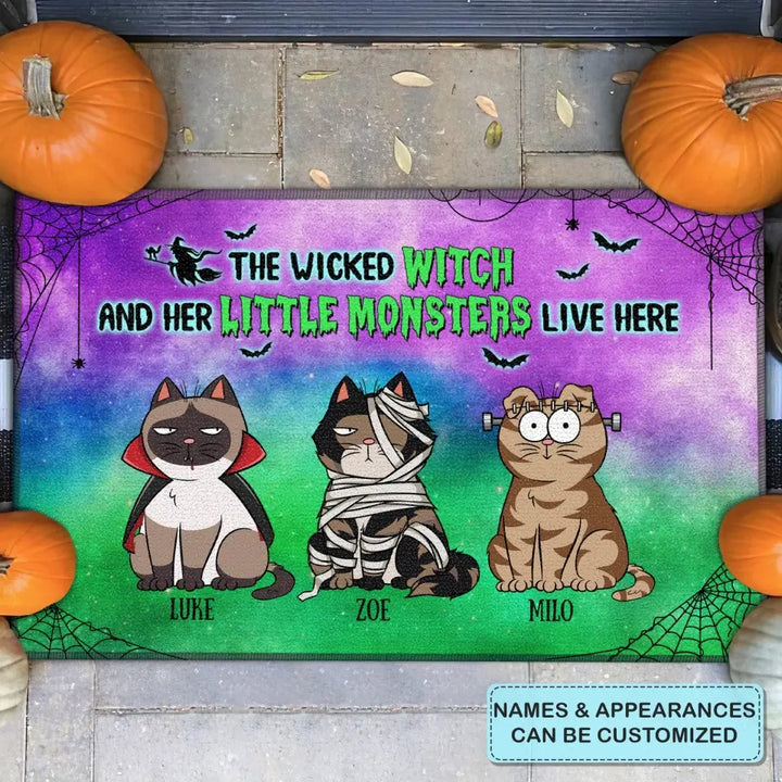 Personalized Custom Doormat - Halloween Gift For Cat Lover, Cat Dad, Cat Mom - The Wicked Witch And Her Little Monsters Live Here