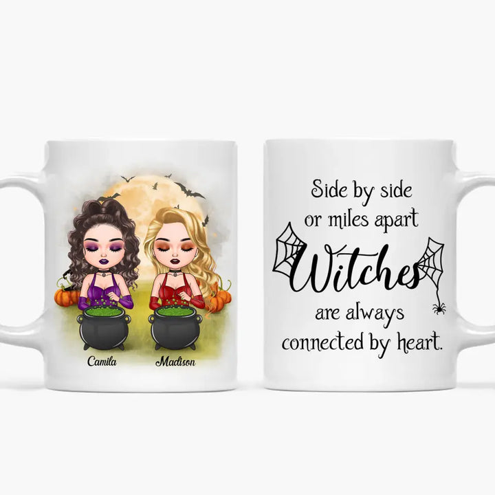 Personalized Custom White Mug - Halloween Gift For Friends, Besties, Sisters - Witches Are Always Connected By Heart