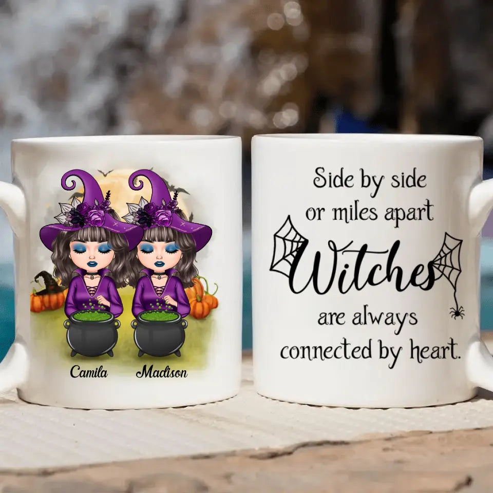 Personalized Custom White Mug - Halloween Gift For Friends, Besties, Sisters - Witches Are Always Connected By Heart