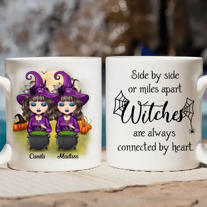 Personalized Custom White Mug - Halloween Gift For Friends, Besties, Sisters - Witches Are Always Connected By Heart