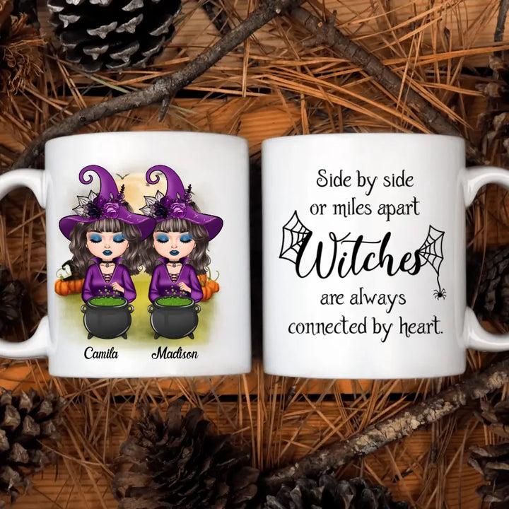 Personalized Custom White Mug - Halloween Gift For Friends, Besties, Sisters - Witches Are Always Connected By Heart