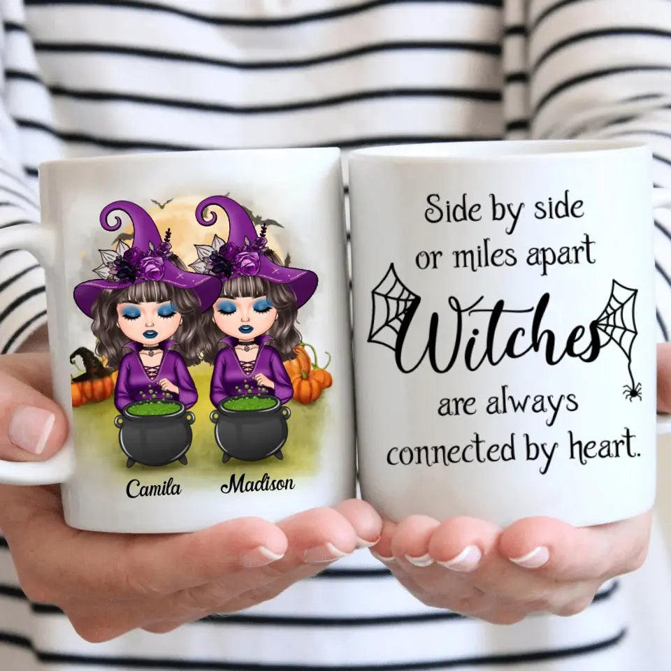 Personalized Custom White Mug - Halloween Gift For Friends, Besties, Sisters - Witches Are Always Connected By Heart