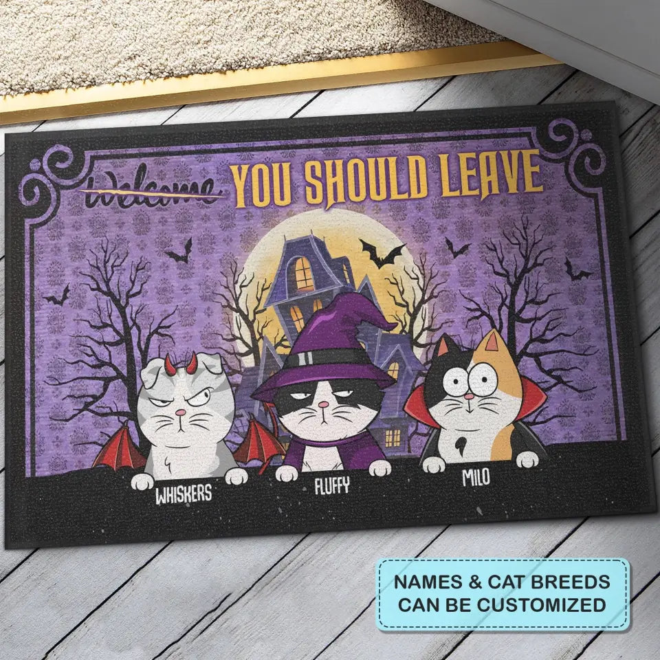 Personalized Custom Doormat - Halloween Gift For Cat Lover, Cat Dad, Cat Mom - Welcome You Should Leave