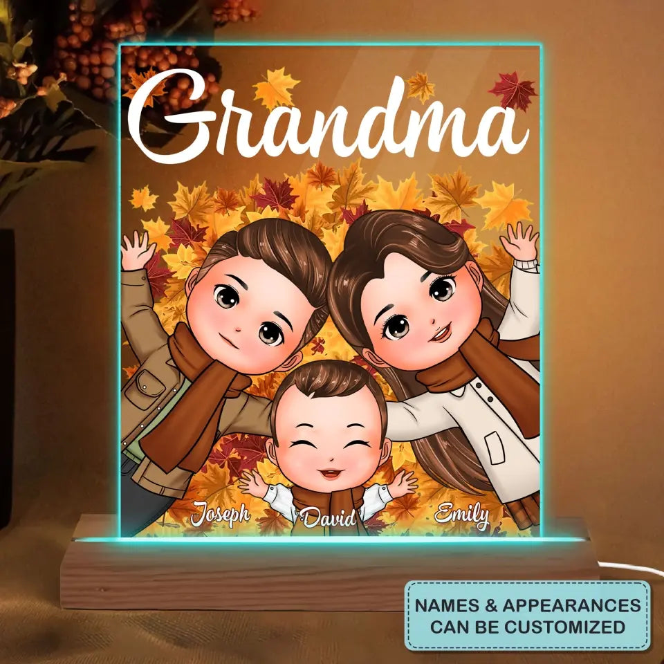 Personalized Custom 3D LED Light Wooden Base - Mother's Day Gift For Grandma- Kids Laying On Fall Leaves