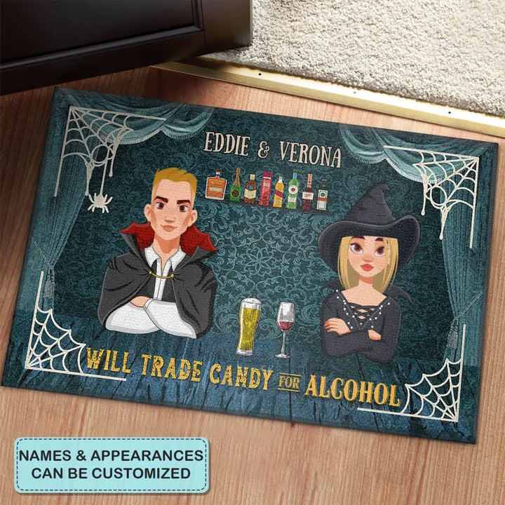 Personalized Custom Doormat - Halloween Gift For Family, Couple - Will Trade Candy For Alcohol