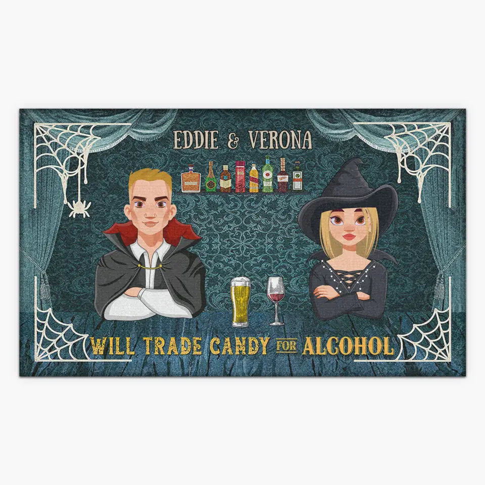 Personalized Custom Doormat - Halloween Gift For Family, Couple - Will Trade Candy For Alcohol