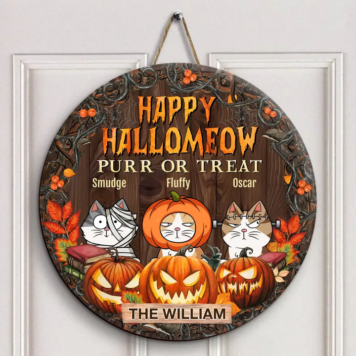 Personalized Custom Door Sign - Halloween Gift For Cat Lover, Cat Mom, Cat Dad - Happy Hallomeow Purr Or Treat