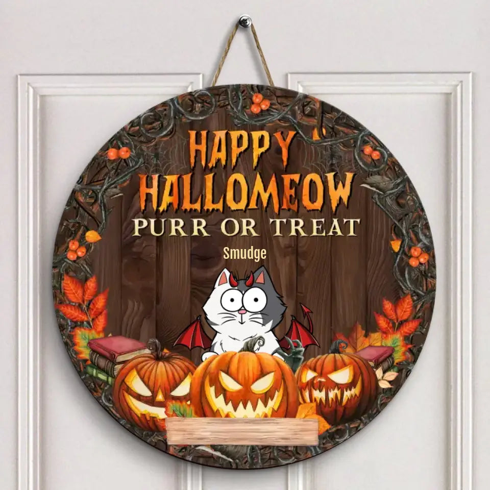 Personalized Custom Door Sign - Halloween Gift For Cat Lover, Cat Mom, Cat Dad - Happy Hallomeow Purr Or Treat